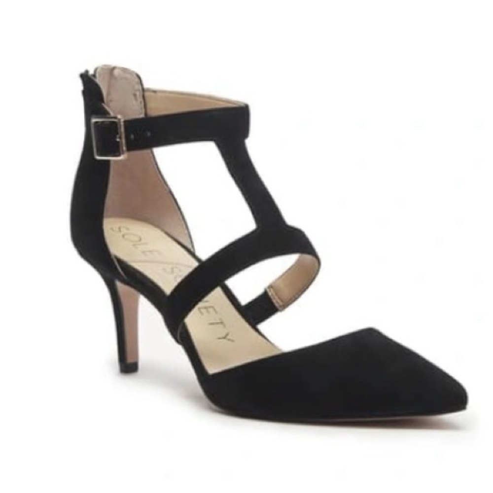 Sole Society Edelyn Black Suede Pointed Toe Heels Ankle Strap Womens Size 6 - Picture 2 of 11